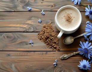 Chicory drink with powder and spoon on wooden table Healthy beverage with space for copy Overhead view