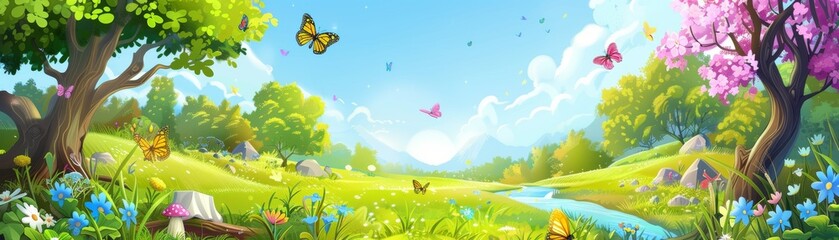Cheerful Cartoon Meadow with a Picnic Scene and Colorful Bugs