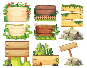 Various wooden signs surrounded by lush greenery