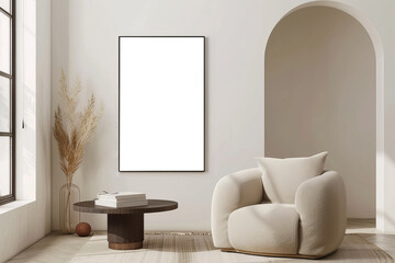 Minimalist Neutral Interior Mock-up with Archway, Empty Frame, and Comfortable Chair