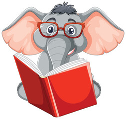Cartoon elephant wearing glasses, reading a book