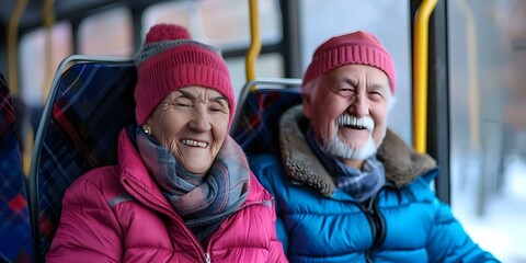 Elderly couple enjoying a bus ride together. Concept Happy Moments, Love and Friendship, Senior Citizens, Public Transportation, Quality Time
