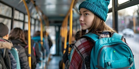 Teenagers on school bus commuting to school in the morning. Concept Teenagers, School Bus, Commuting, Morning, School