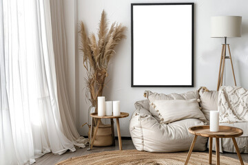 Bohemian Minimalist Interior Mockup with Empty Frame Art and Cozy Sofa