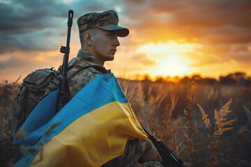 Obraz premium Generative AI illustration of serious young male soldier in protective uniform and ukrainian flag