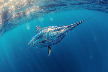 Fototapeta premium Marlin caught during a deep-sea fishing expedition, symbolizing adventure. 