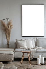 Bohemian Minimalist Interior Mockup with Empty Frame Art and Cozy Sofa