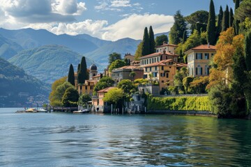 Fototapeta premium A panoramic view of picturesque Lake Italy, Ai generated