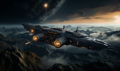 Spaceship Soaring Over Mountain in Sky