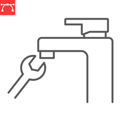 Faucet repair line icon, plumbing service and household problem, leaking faucet vector icon, vector graphics, editable stroke outline sign, eps 10.