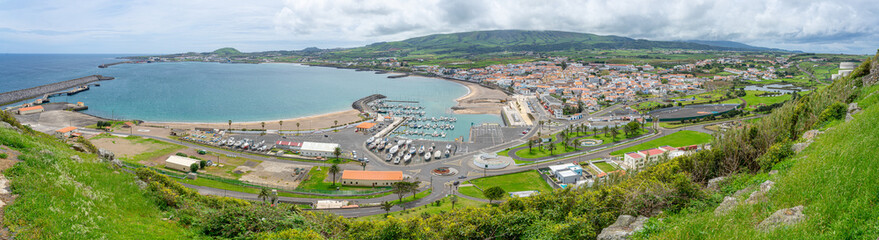 Fototapeta premium Aerial view of the marina and bay and beach of Vitoria, Terceira island-Açores-Portugal.05-05-2024