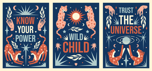 Boho celestial vector prints and posters with cheetah, sun, moon, stars and positive sacred affirmations. Contemporary bohemian poster. Playful divine graphic. Midnight mystic aesthetic.