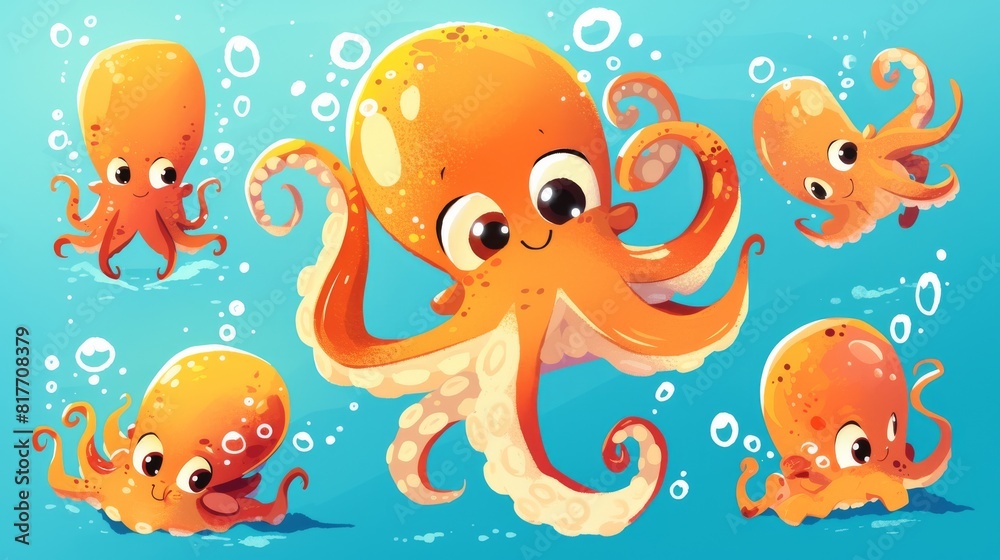 Canvas Prints Cartoon illustration set of marine or aquarium adorable friendly animal with tentacles. A cute cartoon octopus swimming underwater with bubbles.