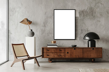 Rustic Modern Interior Mock-up with Empty Framed Art and Wooden Furniture