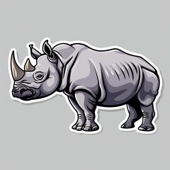 Fototapeta premium A rhinoceros illustration in normal colors as a sticker with a white outline on a gray background without any shadow or gradient.