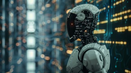Fototapeta premium Robots head shoulders with glowing orange eye complex circuit pattern on face robot standing in dark room with bright light source behind