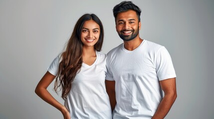 Obraz premium Young Indian couple in white t-shirt, mockup, man woman smiling together in studio, copy space