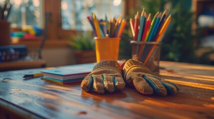 A symbolic image of a child's dusty work gloves replaced by a shiny new set of school supplies on a clean desk
