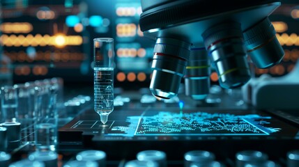 Close-up microscope objective lens with test tube containing clear liquid sitting on microscope stage with digital display showing genetic code concept biohacking technology