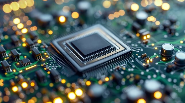 Close-up computer chip on circuit board with concept chips technology