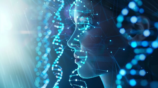 Illustration womans face composed luminous blue dots concept biohacking technology