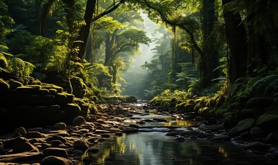 A Stream Flowing Through Vibrant Green Forest