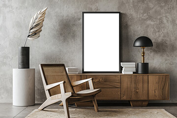 Rustic Modern Interior Mock-up with Empty Framed Art and Wooden Furniture