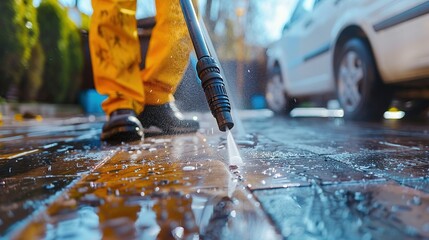 Workers use a pressure washer to clean the driveway of dirt, mud and gasoline.