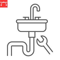 Sink installation line icon, plumbing service and handyman work, household repair vector icon, vector graphics, editable stroke outline sign, eps 10.