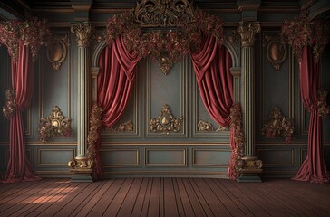 Opulent vintage theater interior with red curtains