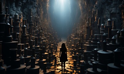 Woman Standing in Dark Tunnel