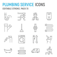 Plumbing service line icon set, repair collection, vector graphics, logo illustrations, household service vector icons, plumbing work signs, outline pictograms, editable stroke