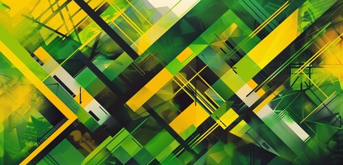 Abstract background, with intersecting geometric shapes in shades of green, yellow, and black