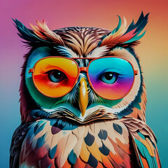 Owl wearing summer sunglasses retro style with vibrant colors