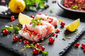Citrus marinated fish appetizer with berries and lemon