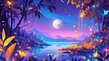 This cartoon illustration shows a dark night forest with a lake and a brightly glowing yellow and orange tree with flowers on an island.