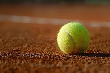 Close up of tennis ball on clay surface