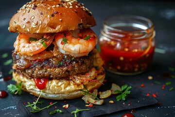Close up of shrimp meat burger on black napkin with red sauce jar - Powered by Adobe