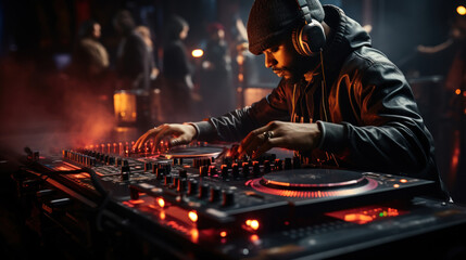 DJ Performing Music Live at a Club with Professional Equipment and Crowd in the Background