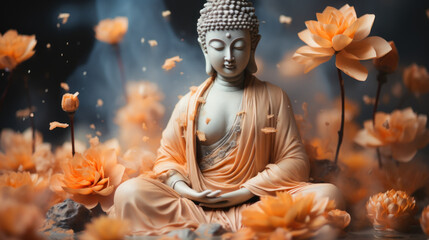 Obraz premium Double Exposure Of Buddha Statue Surrounded By Blooming Lotus Flowers In Peaceful Setting