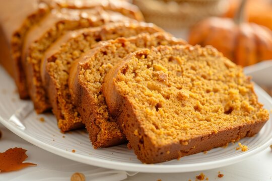 Close up slices of autumnal pumpkin bread on white table