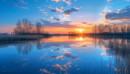 Tranquil sunset over a reflective lake, capturing the peaceful rhythms of nature