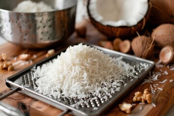 Coconut grated with grater and nut