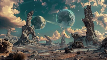 An otherworldly alien landscape with strange rock formations and twin moons in the sky.