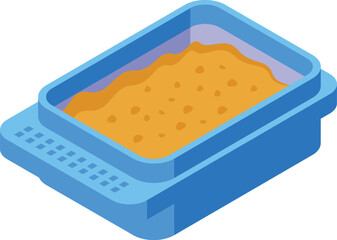 Colorful isometric illustration of a cat litter box with sand, suitable for pet care concepts