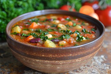 Minestrone Soup: A bowl of vegetable-rich minestrone soup with visible chunks of vegetables, beans, and pasta, in a hearty broth.