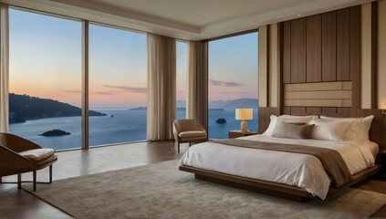 A luxury bedroom with see view