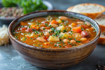 Minestrone Soup: A bowl of vegetable-rich minestrone soup with visible chunks of vegetables, beans, and pasta, in a hearty broth.