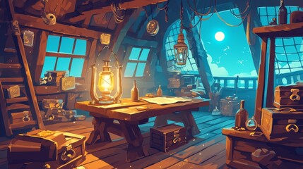 Fototapeta premium Interior of pirate cabin with treasure on ship at night. Old wooden boat deck with captain's table, chest, and rum bottle for CORSAIR adventure game. Buccaneer antique place interface.