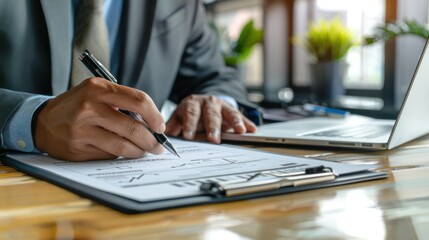 Fototapeta premium checklist and clipboard task management. Businessman working on laptop computer productivity checklist and filling survey form online. Document management system DMS.